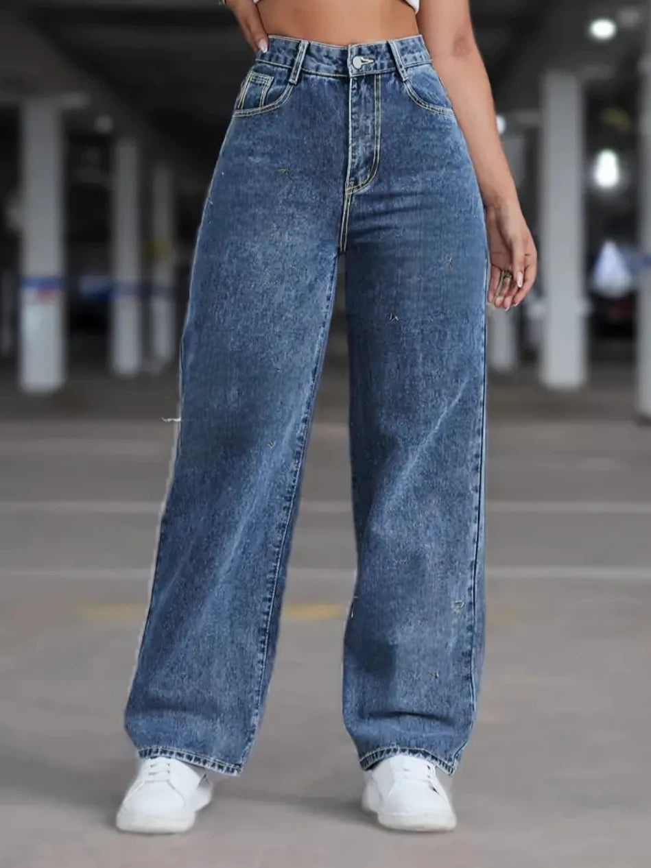 Pantalón de jean wide leg tipo palazzo, tiro alto, de tela